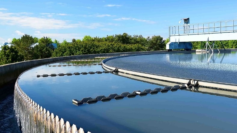 Circular wastewater treatment basin at industrial plant