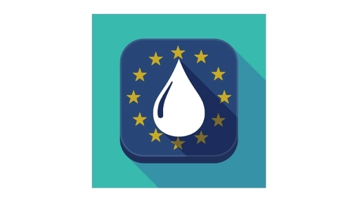 Blue rounded square icon with a white water droplet ringed by gold stars on a bright teal background