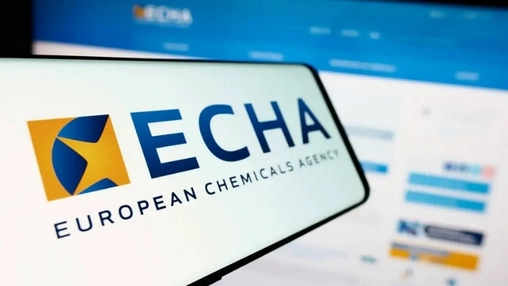 ECHA European Chemicals Agency logo on a smartphone screen with the ECHA website visible in the background